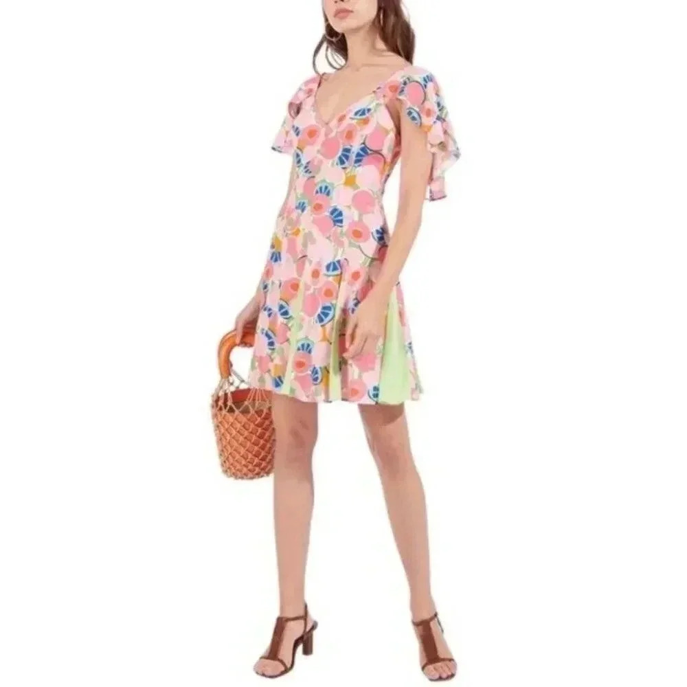 NWT STAUD Chiquita Peach Pink Pleated Floral Fit and Flare Ruffle Dress Size: 4